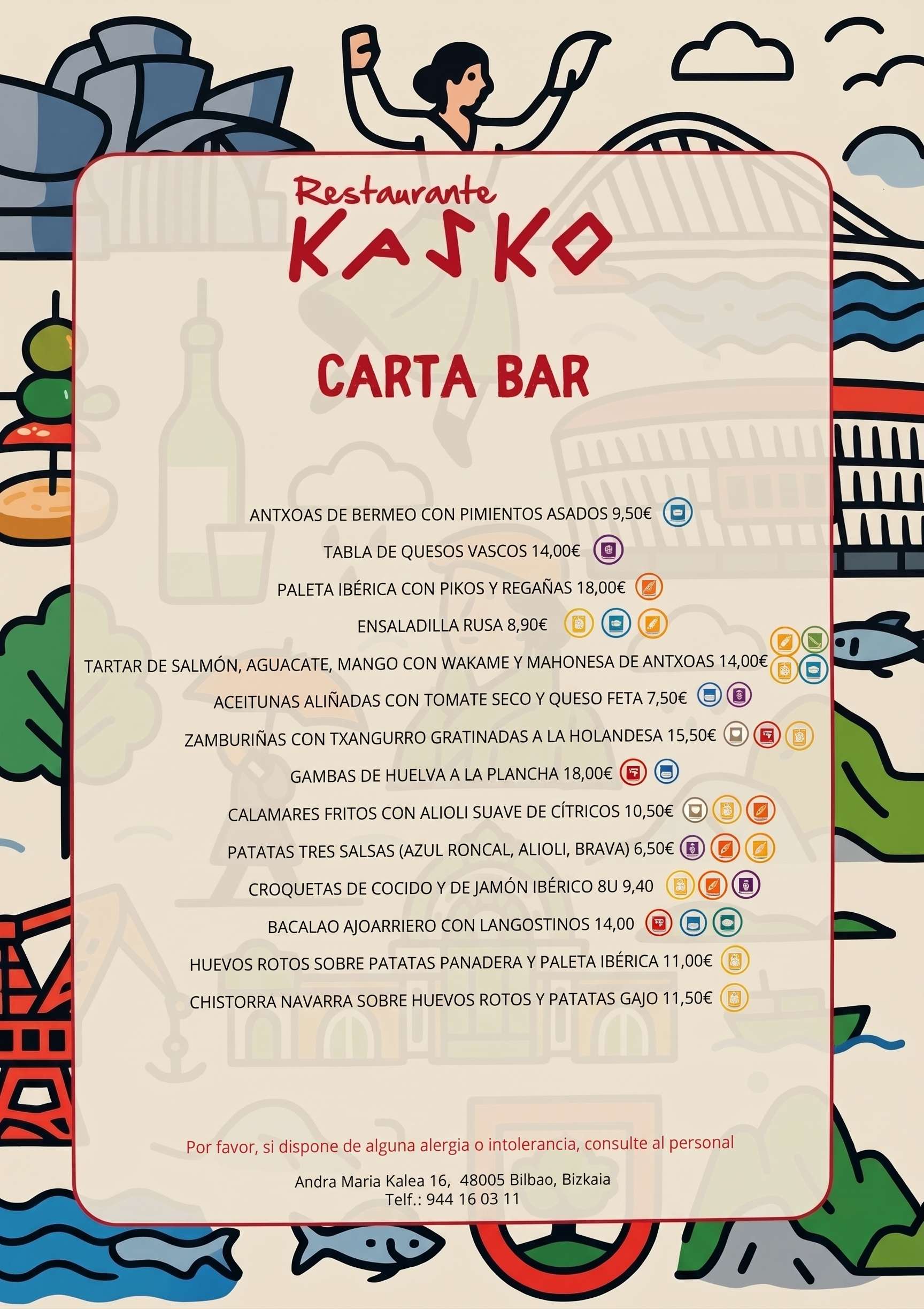 Carta Bar del Restaurante Kasko con raciones para compartir como anchoas, quesos vascos, paleta ibérica y croquetas