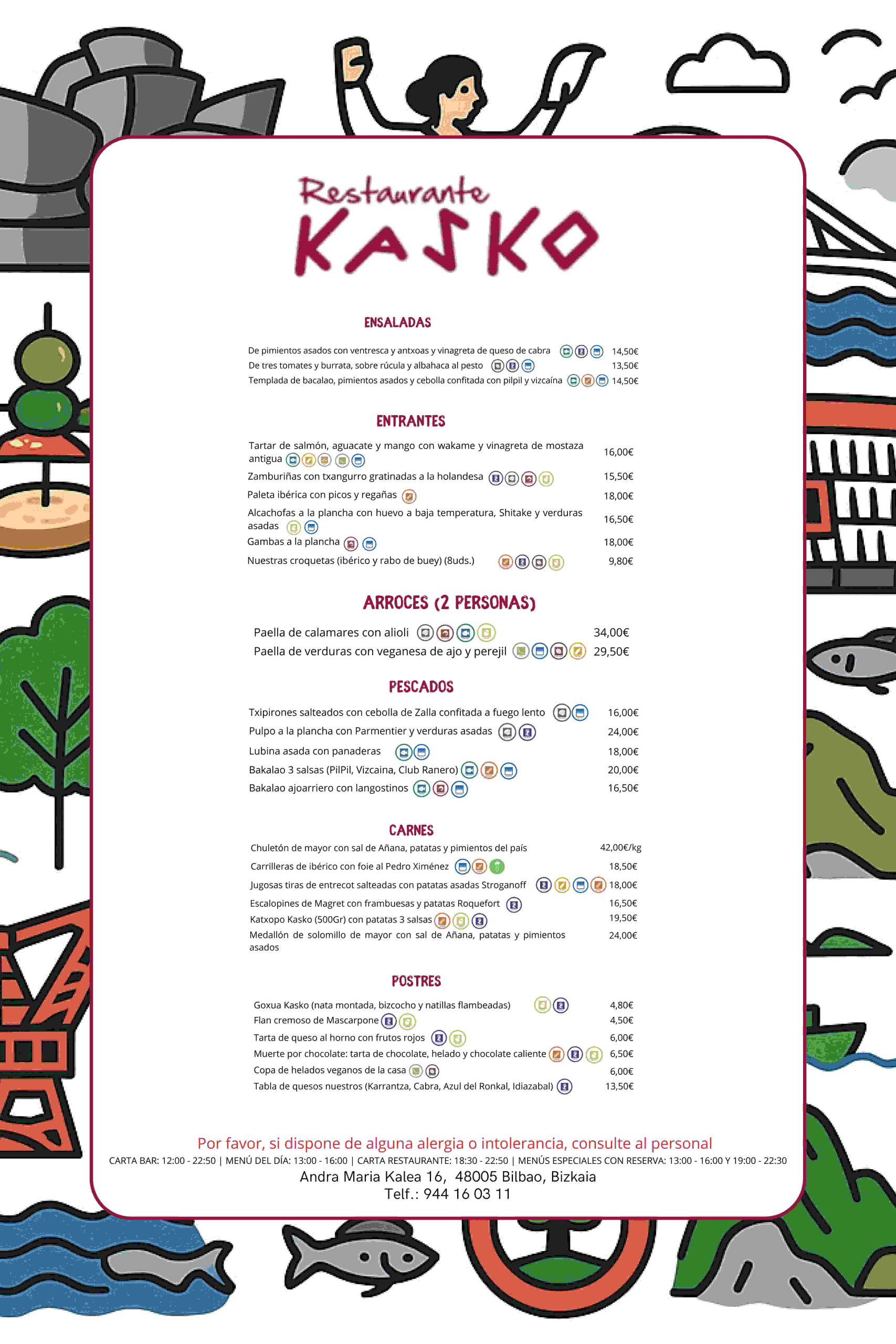 Carta del Restaurante Kasko con ensaladas, entrantes, arroces, pescados, carnes y postres